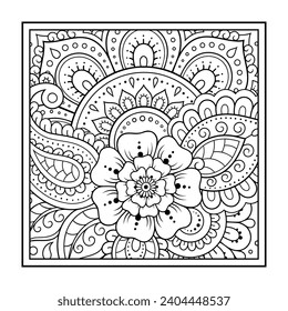 Outline square flower pattern in mehndi style for coloring book page. Antistress for adults and children. Doodle ornament in black and white. Hand draw vector illustration.