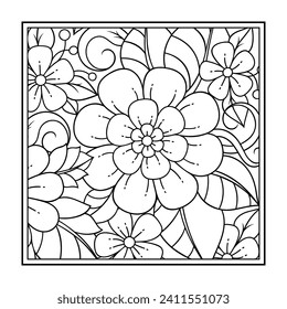 Umrissenes quadratisches Blumenmuster im modischen Stil für die Färbung der Buchseite. Antistress für Erwachsene und Kinder. Doodle-Ornament auf Schwarz-Weiß. Handziehen, Vektorgrafik.