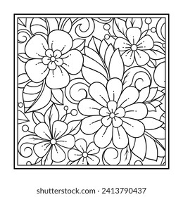 Outline square flower pattern in mehndi style for coloring book page. Antistress for adults and children. Doodle ornament in black and white. Hand draw vector illustration.