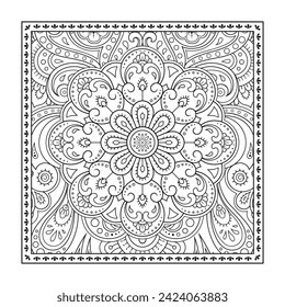 Outline square flower pattern in mehndi style for coloring book page. Antistress for adults and children. Doodle ornament in black and white. Hand draw vector illustration.