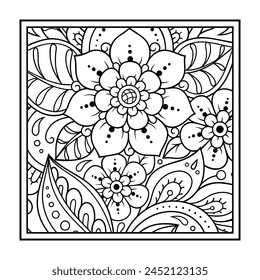 Outline square flower pattern in mehndi style for coloring book page. Antistress for adults and children. Doodle ornament in black and white. Hand draw vector illustration.