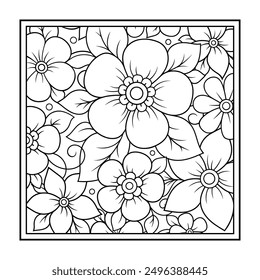 Outline square flower pattern in mehndi style for coloring book page. Antistress for adults and children. Doodle ornament in black and white. Hand draw vector illustration.