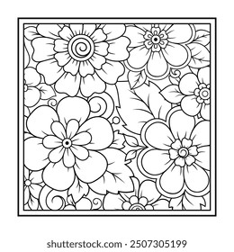 Esquema cuadrado patrón de flores en estilo mehndi para colorear página de libro. Antiestrés para adultos y niños. Adorno de Doodle en blanco y negro. Dibuja a mano la Ilustración vectorial.
