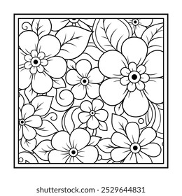 Outline square flower pattern in mehndi style for coloring book page. Antistress for adults and children. Doodle ornament in black and white. Hand draw vector illustration.