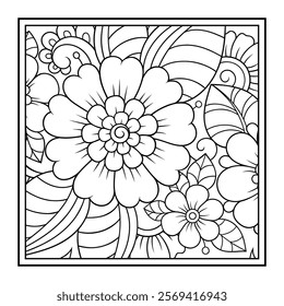 Outline square flower pattern in mehndi style for coloring book page. Antistress for adults and children. Doodle ornament in black and white. Hand draw vector illustration.