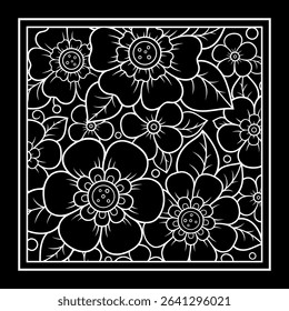 Outline square flower pattern in mehndi style for coloring book page. Antistress for adults and children. Doodle ornament in black and white. Hand draw vector illustration.