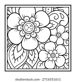 Esquema cuadrado patrón de flores en estilo mehndi para colorear página de libro. Antiestrés para adultos y niños. Adorno de Doodle en blanco y negro. Dibuja a mano la Ilustración vectorial.