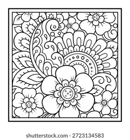 Umriss quadratisches Blumenmuster im Mehndi-Stil zum Färben der Buchseite. Antistress für Erwachsene und Kinder. Doodle Ornament in schwarz-weiß. Handgezeichnete Vektorgrafik.