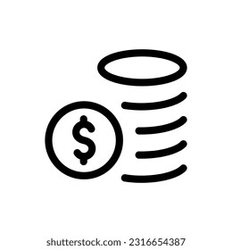 Esquema de pila de monedas y signo de dólar. Icono del logotipo de caja aislado en fondo blanco. Símbolo de línea de dinero para el diseño del sitio web. Financiación de la inversión empresarial