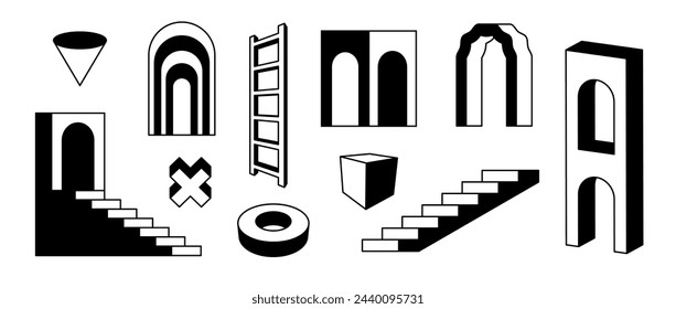 Outline stairs and arcs set. Black and white surreal geometric element collection. 3d perspective arch door, ladder, staircase, gate bundle. Retro shapes for collage, poster, banner. Vector art pack