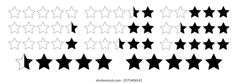 Outline star icon set for vector quality rating and award. Modern shape symbol for vote, rank, and review illustration. Flat pentagram design for web feedback and evaluation.