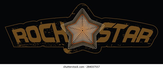 Outline star over an inscription of 'Rock Star' on a black background. Label for t-shirt. Typography vector design. 