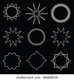 Outline star rays shapes set for abstract linear logo. White on black. Vector illustration graphic elements. Trendy hipster emblem, badge design. White burning rays circles. Winter concept.