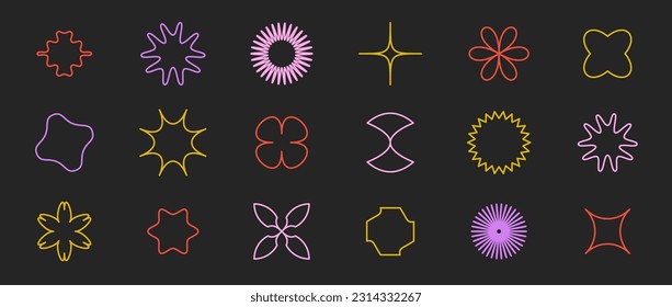 Outline stars, flowers, crosses shapes set. Primitive linear abstract forms collection in Swiss, bauhaus, Memphis style on dark background. Element for poster, banner, collage. Vector signs bundle