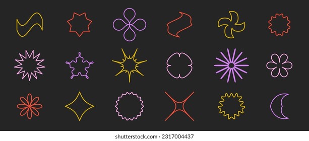 Outline stars, flowers, crosses, waves shapes set. Primitive linear abstract forms collection in Swiss, bauhaus, Memphis style on dark background. Element for poster, banner, collage. Vector signs