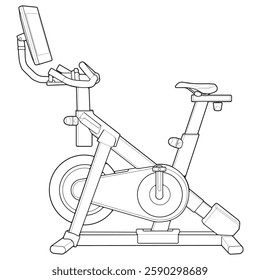 Outline Static bike. Fitness, cardio, and muscle building machines, equipments set at gym. Workout and training concept. Vector illustration.
