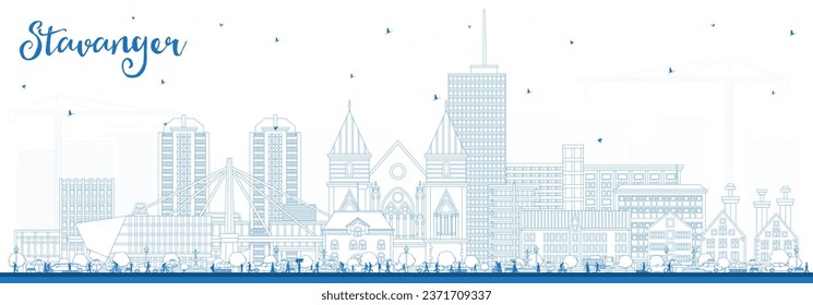 Outline Stavanger Norway city skyline with blue buildings. Vector illustration. Stavanger cityscape with landmarks. Business travel and tourism concept with historic architecture.