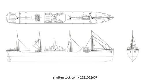Outline steamer drawing. Contour steamship industrial blueprint. Old ship view: top, side and front. Isolated steamboat. Industry vehicle. Vector illustration