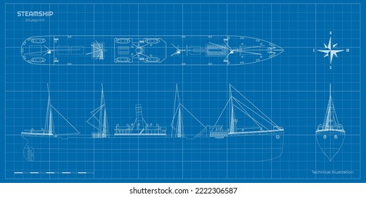 Outline steamer drawing. Contour steamship industrial blueprint. Old ship view: top, side and front. Steamboat document. Industry vehicle. Vector illustration