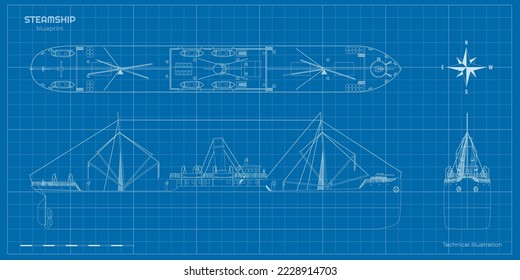 Outline steamer drawing. Contour steamship industrial blueprint. Old ship view top, side and front. Steamboat document. Industry vehicle. Vector illustration