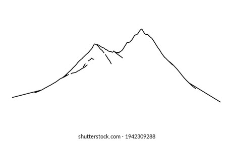 Outline steep mountain range illustration. Everest black panorama sketch with outdoors rocky cliffs in vector snow.