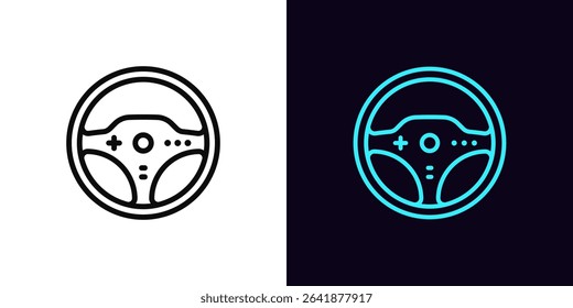 Outline steering wheel icon, with editable stroke. Race steering wheel icon, racing game simulator. Video game controller, car steering wheel, race arcade, drive simulator, gaming station. Vector icon