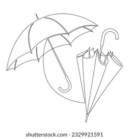 Outline stick umbrella icons set vector. One line continuous drawing. Doodle illustration. Hand drawn linear silhouette. Graphic design, print, banner, card, poster, brochure, shop logo, sign, symbol.