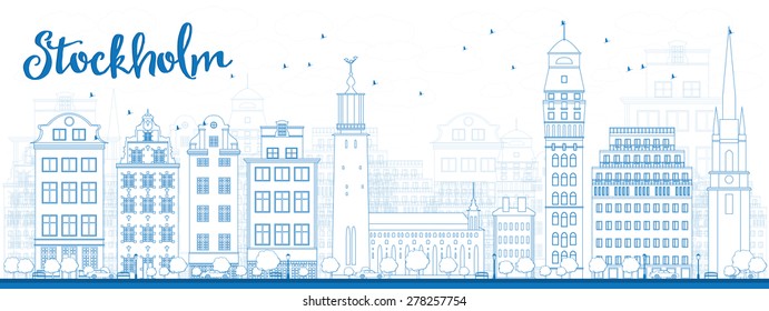 Outline Stockholm Skyline with Blue Buildings. Vector Illustration. Business travel and tourism concept with historic buildings. Image for presentation, banner, placard and web site.