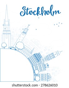 Outline Stockholm Skyline with Blue Buildings and copy space. Vector Illustration. Business travel and tourism concept with place for text. Image for presentation, banner, placard and web site.