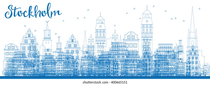 Outline Stockholm Skyline with Blue Buildings. Vector Illustration. Business travel and tourism concept with historic buildings. Image for presentation, banner, placard and web site.