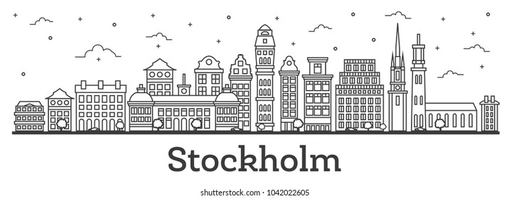 Outline Stockholm Sweden City Skyline with Historic Buildings Isolated on White. Vector Illustration. Stockholm Cityscape with Landmarks.