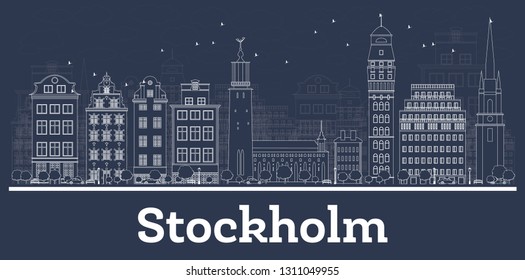 Outline Stockholm Sweden City Skyline with White Buildings. Vector Illustration. Business Travel and Tourism Concept with Historic Architecture. Stockholm Cityscape with Landmarks.