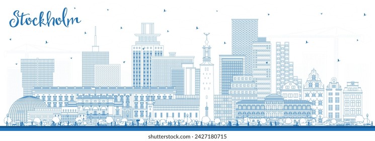 Outline Stockholm Sweden city skyline with blue buildings. Vector illustration. Stockholm cityscape with landmarks. Business travel and tourism concept with modern and historic architecture.