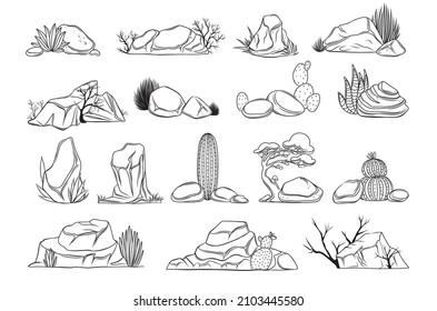 Outline stones with plants, rocks with cactuses, drawn monochrome boulders with desert plants and grass. Retro various stones vector illustration.