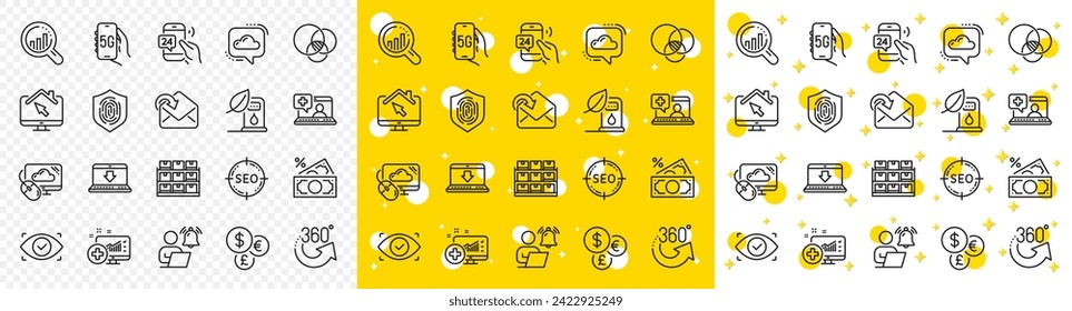 Esquema de almacenamiento, Análisis médico e iconos de línea de diagrama de Euler para web con servicio 24h, descarga de Internet, icono de línea ocular biométrica. Trabajar en casa, Seo, icono de pictograma de 360 grados. Vector