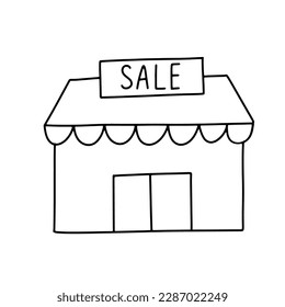 Outline store with sale sign. Shop doodle isolated on white background. Vector sketch