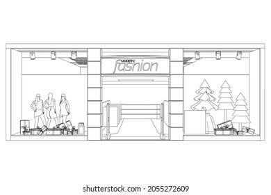 The outline of a store with showcases. Clothing store with mannequins. Front view. Vector illustration