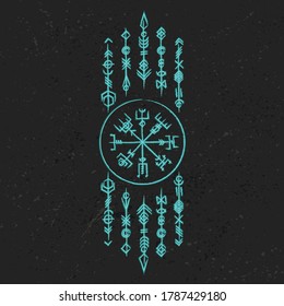 Outline straight and grunge color old geometric ancient runic vertical symbols. Background with lines signs amuet