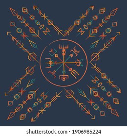 Outline straight and grunge old geometric ancient runic vertical symbols. Background with lines signs amulet