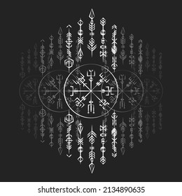 Outline straight and grunge old geometric ancient runic vertical symbols. Background with lines signs amulet