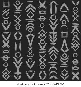 Outline straight and grunge old geometric ancient runic vertical symbols. Background with grey signs amuet patterns different shapes