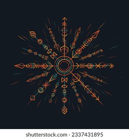 Outline straight and grunge old geometric ancient runic vertical symbols. Background with lines signs amulet
