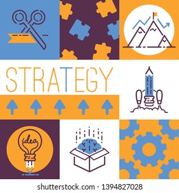 Outline strategy icons banner vetor illustration. Light bulb. Gears and cogs working together. Box with brain. Achieving success. Reaching goals. Mountains with flag. Puzzles and scissors. Ideas.