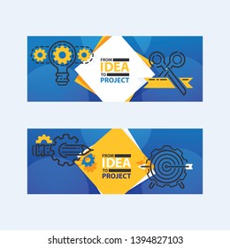 Outline strategy icons banners vetor illustration. Light bulb with gears and cogs working together. From idea to project. Achieving success. Reaching goals. Scissors. Rotating mechanism.