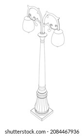 Outline of a street decorative lamp from black lines isolated on a white background. Isometric view. Vector illustration