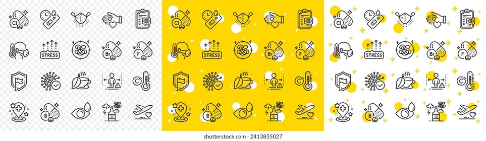 Outline Stress grows, Medical flight and Covid test line icons pack for web with Medical mask, Alcohol addiction, Social distance line icon. Stress, Eye checklist, Shield pictogram icon. Vector