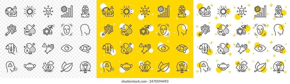 Outline Stress, Vitamin a and Mint leaves line icons pack for web with Coronavirus vaccine, Use gloves, Medical mask line icon. Coronavirus, Head, Conjunctivitis eye pictogram icon. Eye. Vector