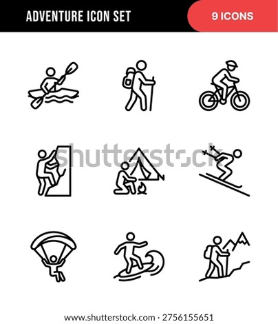 Outline Stroke Adventure Activity Icon Set for Outdoors and Recreation