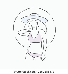 Outline stroke beautiful girl with straw hat enjoying sunbath at beach vector illustration on white background..