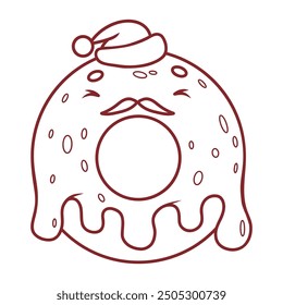 Outline stroke Christmas donut in Santa hat with dripping glaze. Festive New Year delicious pastries funny cartoon kawaii character. Line drawing, coloring book. Vector illustration. Kids collection